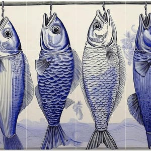 May include: Four blue and white fish illustrations hanging from a metal bar. The fish are detailed with scales and fins, and are set against a backdrop of floral patterns. The artwork is reminiscent of traditional tile designs.