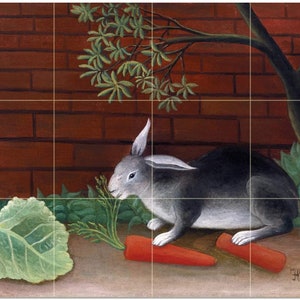 May include: A painting of a gray rabbit sitting on a dirt path in front of a brick wall. The rabbit is eating a carrot. There is a green cabbage and other green plants in the foreground. The painting is signed "H. Rousseau 1908".