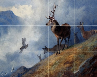 Tile Mural RED Deer Watching by Archibald Thorburn Landscape Birds Tile Mural Kitchen Shower Bath Wall Backsplash Marble Ceramic