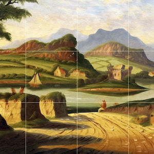 May include: A painting depicting a landscape with a river, mountains, and a small village. The river flows through the center of the painting, with a sailboat on the water. The mountains are in the background, and the village is on the left side of the painting. There is a person sitting on a path in the foreground.