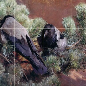 May include: Two gray crows perched on a branch of a pine tree. The crows are facing each other, with their heads turned slightly to the side. The pine tree has green needles and is in the foreground of the image. The background is a blurry brown color.