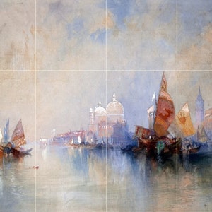 May include: A watercolor painting depicting a cityscape with boats on a body of water. The city is in the background and the boats are in the foreground. The sky is a light blue and the water is a light blue with a hint of green. The boats are a variety of colors, including red, orange, and yellow. The city is a light brown color.