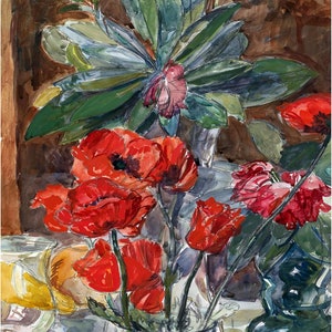 May include: A watercolor painting of a still life featuring a bouquet of red poppies in a clear glass vase. The vase is sitting on a table with a green glass bottle and a yellow fruit. The background is a brown wall with a large green leaf plant.