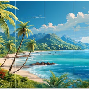 May include: A vibrant tropical landscape featuring a sandy beach, turquoise water, and lush green palm trees. Mountains rise in the background under a bright blue sky with fluffy white clouds. The scene evokes a sense of paradise.
