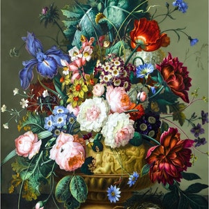 May include: A still life painting of a bouquet of colorful flowers in a gold vase with a bird's nest at the bottom. The flowers include roses, irises, poppies, and other blooms in shades of red, pink, white, blue, and yellow.