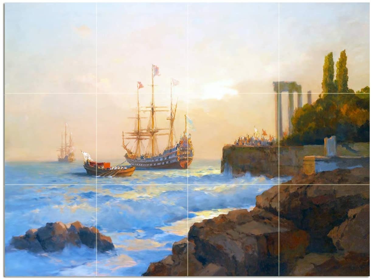 Ship Approaching the Harbour by Alexei Hanzen Ocean Rocks Tile Mural ...