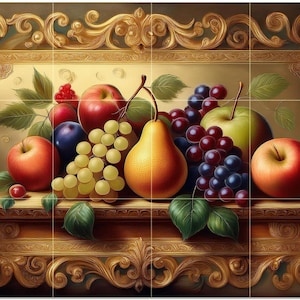 May include: A still life painting featuring a variety of fruits, including red apples, green apples, grapes, and a pear. The fruits are arranged on a wooden shelf with ornate gold detailing. The background is a soft, warm color.