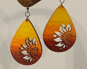 Sunflower Teardrop Earrings Wooden boho dangle earring jewelry gift for her