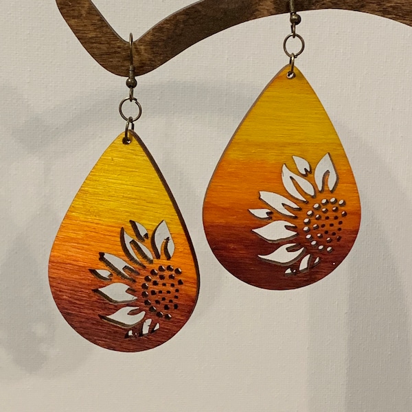 Sunflower Teardrop Earrings Wooden boho dangle earring jewelry gift for her