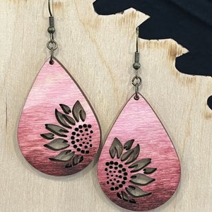 Mauve Sunflower Teardrop Earrings Wooden boho dangle earring handmade jewelry gift for her