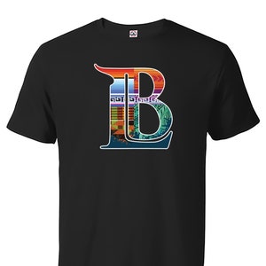May include: Black t-shirt with a colorful graphic of the letter "B" with a geometric pattern.