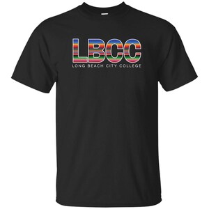 May include: Black t-shirt with a colorful striped graphic of the letters "LBCC" and the text "Long Beach City College" underneath.