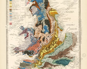 Antique Geological map of England & Wales art print wall decor poster Murchison 1842 Victorian scientific gift geologist geographer Britain