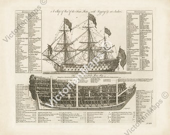 Sailing First rate Ship Man of War section rigging plan antique chart engraving Chambers 1728 art print poster gift present souvenir sailor