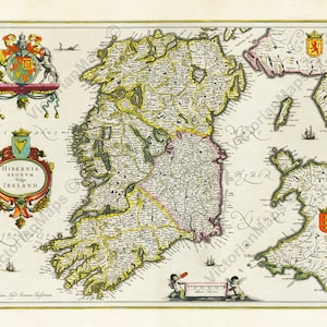 Hibernia Regnum Vulgo Ireland old antique early map Atlas Novus Janssonius Hondius 1638  art print poster best historical gift present Irish