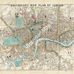 Nowy plan Londynu Whitbreada, antyczny przewodnik wiktoriański, stara wczesna mapa z 1858 r., wydruk artystyczny, plakat, pamiątka, historyczny prezent, Anglia, Wielka Brytania