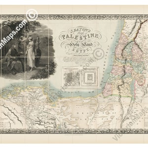 Seaton's Map Palestine Holy Land Jesus Samaritan woman Jacob's well gospel Bible old antique 1829 art print poster Christianity gift present