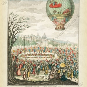 Montgolfier brothers hot air balloon flight over Lyon old antique engraving 1784 art print poster gift present pilot historic aeronautical