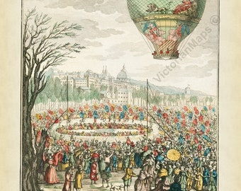 Antique Montgolfier Brothers Hot Air Balloon flight over Lyon art print wall decor poster engraving 1784 aeronautical gift pilot aviation