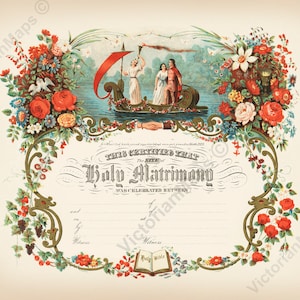 CERTIFICAT DE MARIAGE victorien antique anniversaire de mariage de mariage 1870 art impression affiche cadeau cadeau souvenir mariée marié servantes lune de miel