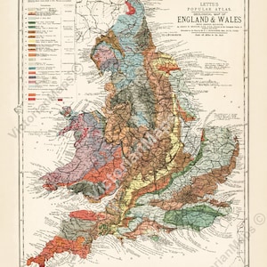 old antique Victorian Geological map of England & Wales Lett&#39;s Popular Atlas H W Bristow 1883  art print poster geology gift to geologist