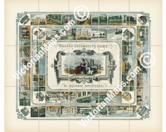 May include: A vintage board game called "Wallis's Locomotive Game of Railroad Adventures." The game board features a colorful illustration of a train engine and a train track with various scenes of railroad travel. The board is divided into squares with numbers and images.
