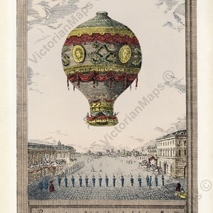 Montgolfier brothers hot air balloon first flight ascent in Paris antique engraving Dupont 1783 art print poster gift present pilot aviation