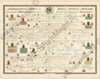 Genealogical Chart Kings & Queens of England William to Victoria 1848  art print poster gift souvenir British royal succession family tree