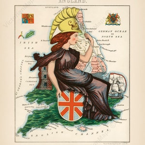Inglaterra y Gales como mujer joven antiguo mapa cómico humorístico victoriano Harvey 1868 arte impresión cartel regalo divertido presente recuerdo Londres Gran Bretaña