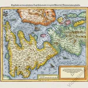 antike Landkarte Britische Inseln Großbritannien alt früher Holzschnitt Cosmographia Munster 1544 Kunstdruck Plakat Geschenk Präsent Andenken UK England