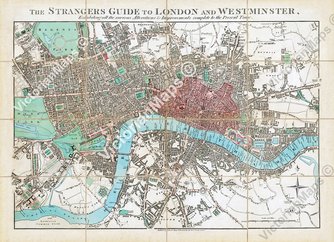 thumbnail image 2 of Antique Style 1814 E. Mogg Map Of London – Historical Guide Poster, Giclee Art Print 2 of 5