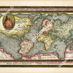 May include: An antique map of the world, printed in a vintage style with a religious figure in the top left corner. The map is titled "TYPVS ORPIS TERRARVM, AD IMITATIONEM UNIVERSALIS GERHARDI MERCATORIS".