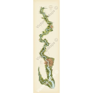 May include: A vertical vintage-style map of the River Thames in England, featuring a winding blue waterway set against a cream background. The map displays detailed green topographical terrain, brown urban areas, and text labels along the river.