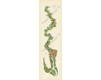 May include: A vertical vintage-style map of the Thames River in England, featuring a winding blue waterway set against a cream background. The map displays detailed green topographical terrain, brown urban areas, and text labels along the river.