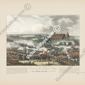 Waterloo Battle Centre of the British Army La Haye Sainte 18 June 1815 antique engraving 1816 art print poster gift present soldier officer