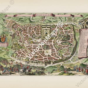 Antike Jerusalem alte Landkarte antike Landkarte frühe Vogelperspektive Moxon 1671 Kunstdruck Plakat historische Palästina Palästina Antik Landkarte Palästina