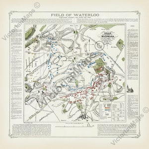 Field of Waterloo towards sunset June 18th 1815 antique Victorian map plan Cotton 1854 art print poster gift souvenir military history army