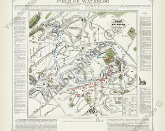 Antique map Field of Waterloo Battle towards sunset June 18th 1815 art print wall decor poster plan Cotton 1854 gift souvenir military army