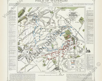 Field of Waterloo towards sunset June 18th 1815 antique Victorian map plan Cotton 1854 art print poster gift souvenir military history army