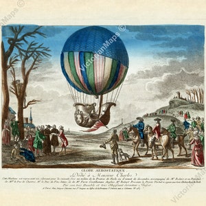 First Hydrogen Balloon Charles flight France antique engraving Chereau 1783 art print poster gift present pilot aviation hot air aeronautics