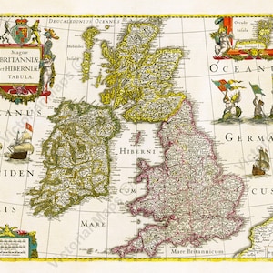 Magnae Britanniae Hiberniae Tabula antiguo mapa temprano Islas Británicas Gran Bretaña Janssonius Hondius 1638 arte impresión cartel regalo presente
