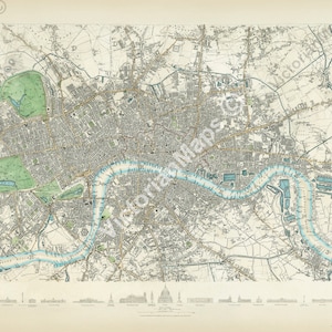 Op de afbeelding: Een antieke kaart van Londen, Engeland, die de straten, parken en de rivier de Theems van de stad laat zien. De kaart is gedrukt in zwart-wit met blauwe accenten en bevat de tekst "LONDON".