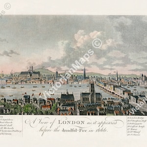 antiker Panoramaführer Ein Blick auf London wie es vor dem schrecklichen Feuer 1666 aussah W. Harrison 1776 Kunstdruck Poster historisches Geschenk