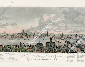 antique panoramic guide A View of London as it appeared before the Dreadful Fire in 1666 W. Harrison 1776 art print poster historical gift