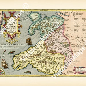 Cambriae Typus early decorative map of Wales old antique engraving Mercator Hondius 1606 art print poster best Welsh gift historical present