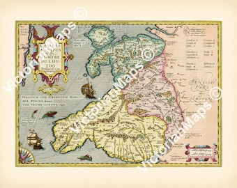 Cambriae Typus early decorative map of Wales old antique engraving Mercator Hondius 1606 art print poster best Welsh gift historical present