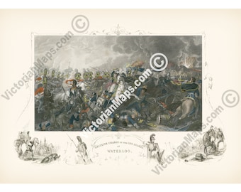 Antique engraving Decisive Charge of the Life Guards at Waterloo Battle art print wall decor poster Clennell 1816 military gift army soldier