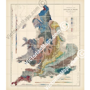old antique Victorian Geological map of England & Wales A. C. Ramsay 1859 art print poster geology Britain gift geologist geographer present