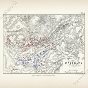 Battle of Waterloo 1815 Sheet 1 antique Victorian plan Alison's Atlas map Johnston 1850 art print poster gift British military army soldier