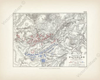 Battle of Waterloo 1815 Sheet 1 antique Victorian plan Alison&#39;s Atlas map Johnston 1850 art print poster gift British military army soldier